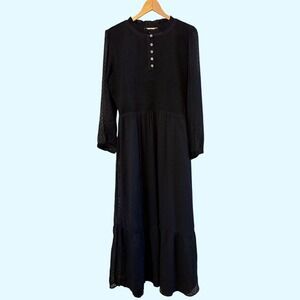 LOFT Black LS Smocked Top Swiss Dot Plus Size 14 Lined Dress Prairie Whimsigoth